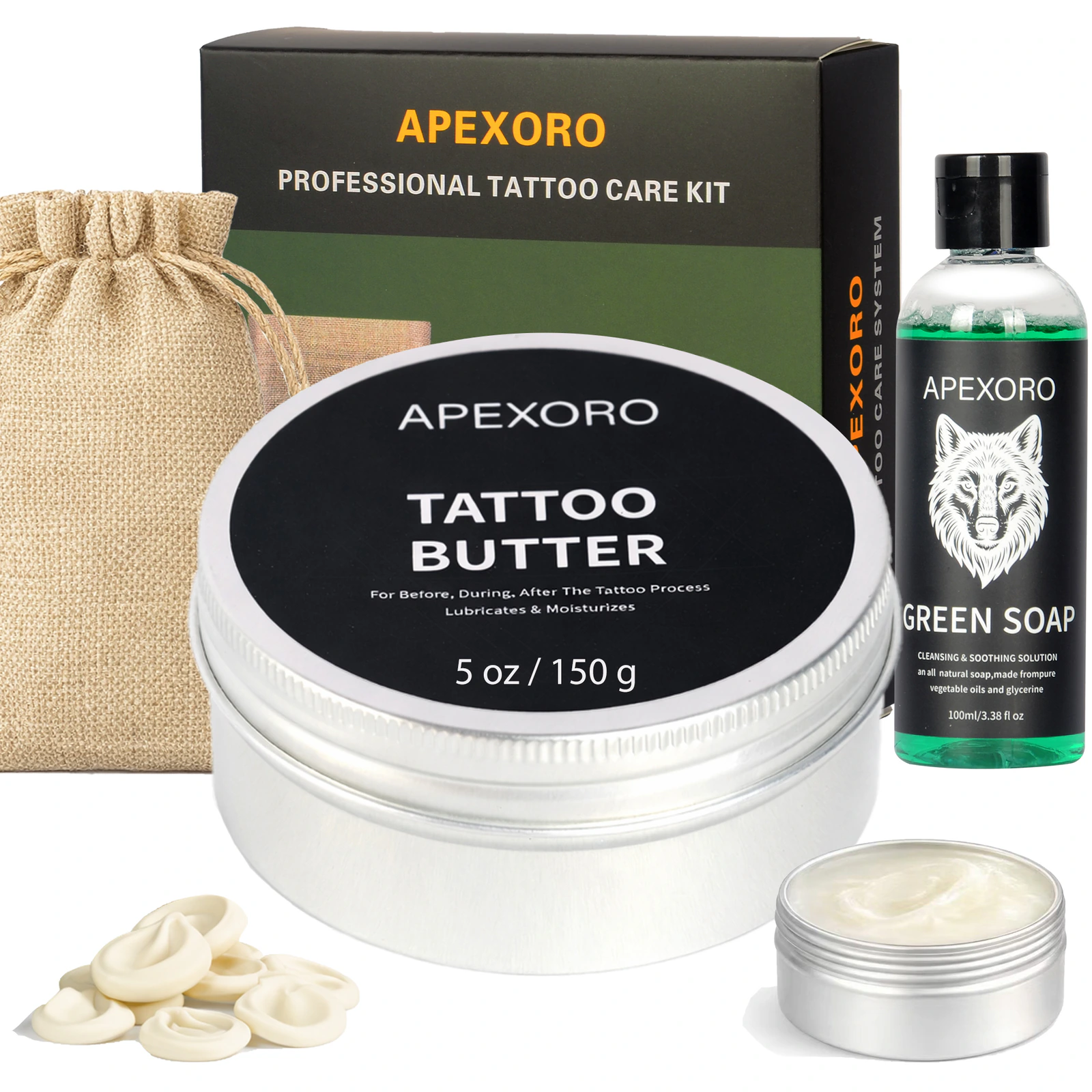 APEXORO Tattoo Care Kit showing tattoo butter, green soap and accessories